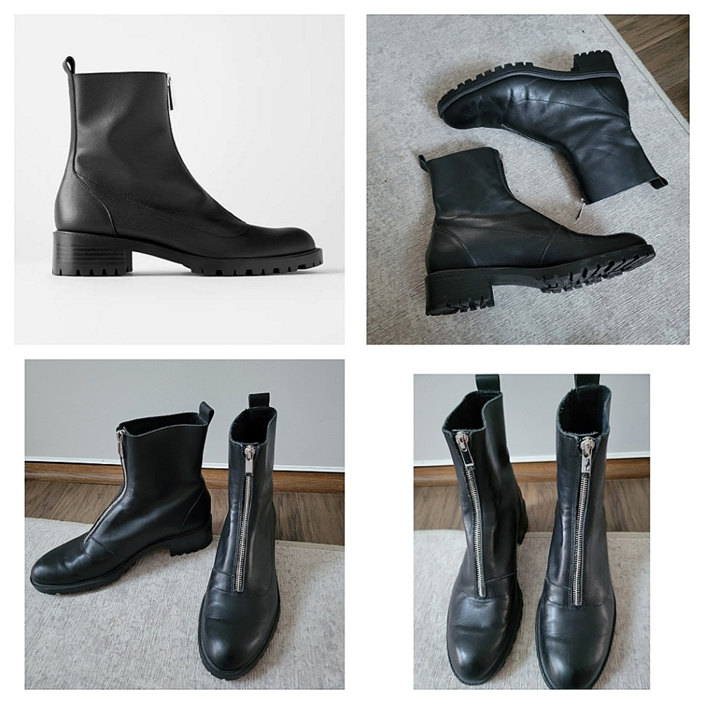 🖤 ZARA Front Zipper Leather High Top Booties Platform boots Chunky Chelsea Boot